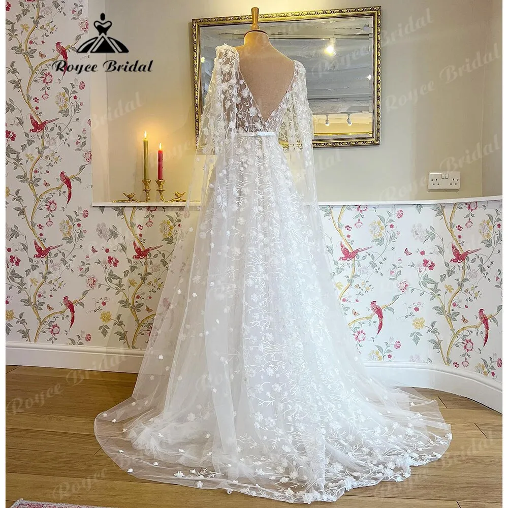 Roycebridal Deep V Neck Lace Floral Beach Fairy Wedding Dresses with Cape 2025 Backless Wedding Gowns vestido de noiva princesa