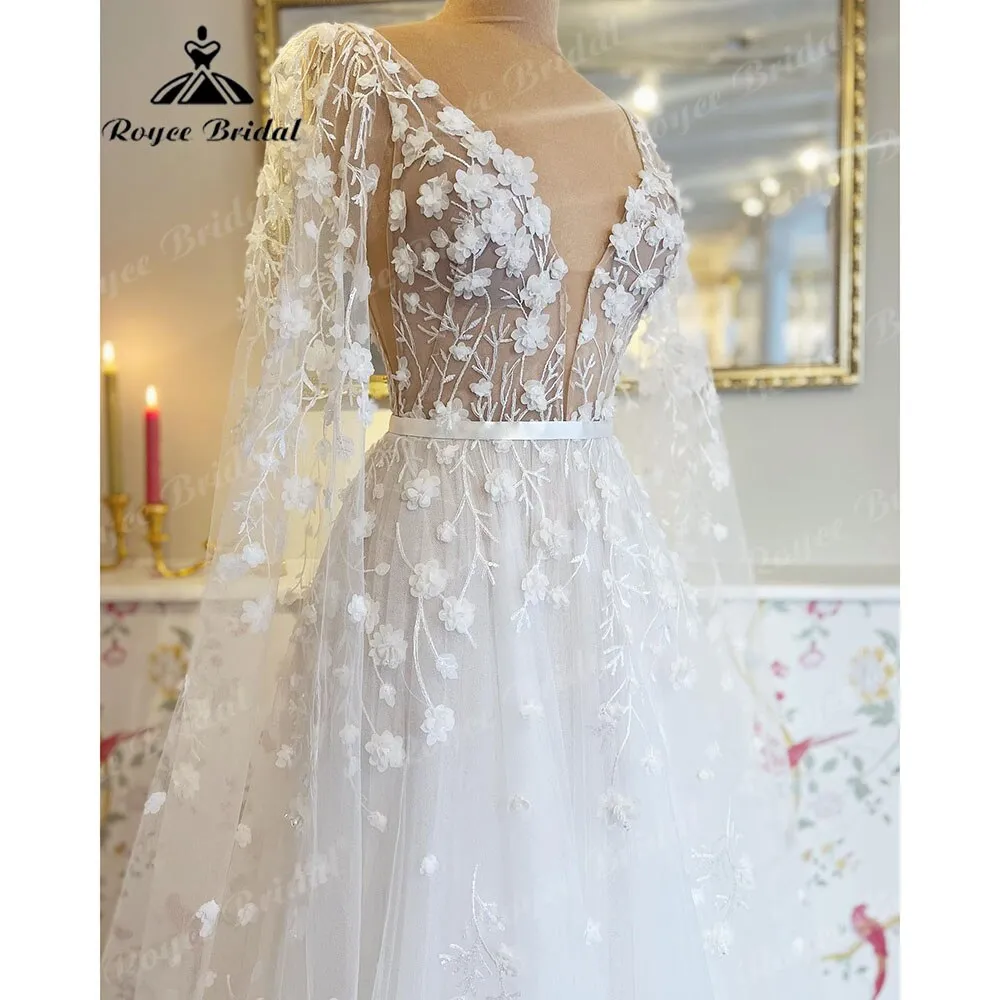 Roycebridal Deep V Neck Lace Floral Beach Fairy Wedding Dresses with Cape 2025 Backless Wedding Gowns vestido de noiva princesa