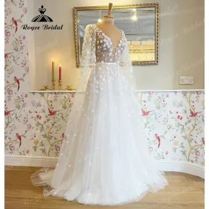 Roycebridal Deep V Neck Lace Floral Beach Fairy Wedding Dresses with Cape 2025 Backless Wedding Gowns vestido de noiva princesa