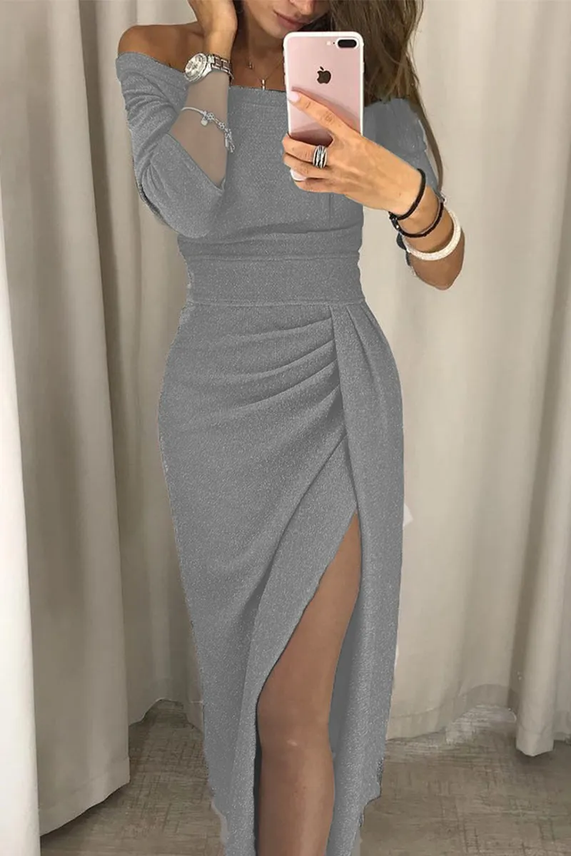 Sexy Print Patchwork Slit Off the Shoulder Dresses