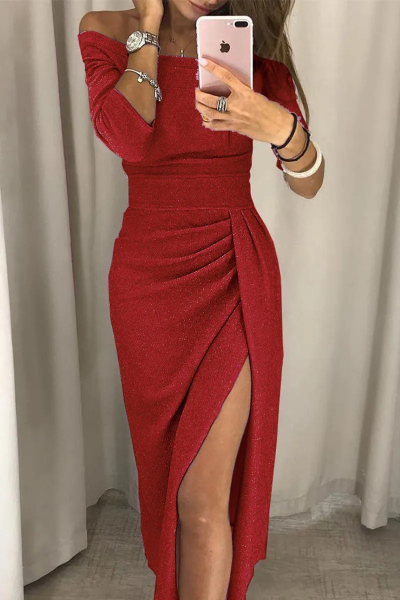 Sexy Print Patchwork Slit Off the Shoulder Dresses