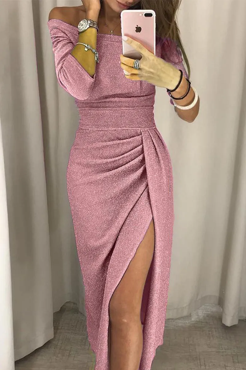 Sexy Print Patchwork Slit Off the Shoulder Dresses