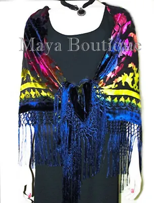 Silk Burnout Velvet Piano Shawl Wrap Scarf Tye Dye Blue Maya Matazaro