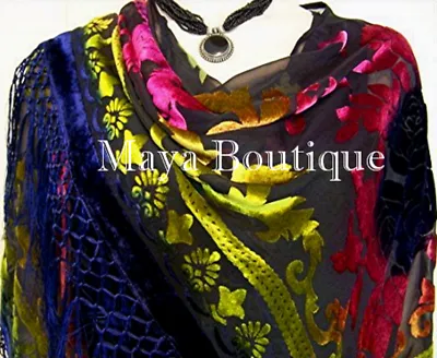 Silk Burnout Velvet Piano Shawl Wrap Scarf Tye Dye Blue Maya Matazaro