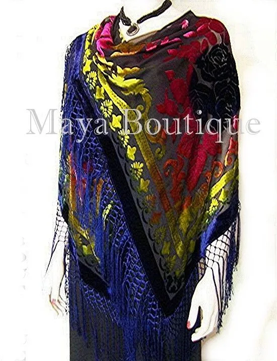 Silk Burnout Velvet Piano Shawl Wrap Scarf Tye Dye Blue Maya Matazaro