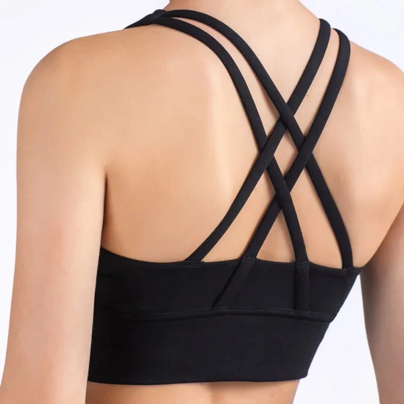 Solid Color Women's Fitness Sports Bra - Gym Yoga Triangle Backless Athletic Cutout Cross Tight Workout Top with Chest Pad
