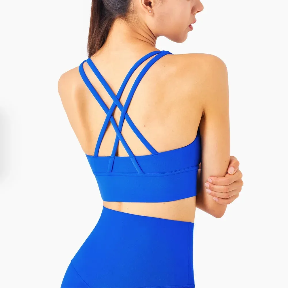 Solid Color Women's Fitness Sports Bra - Gym Yoga Triangle Backless Athletic Cutout Cross Tight Workout Top with Chest Pad
