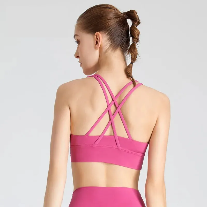Solid Color Women's Fitness Sports Bra - Gym Yoga Triangle Backless Athletic Cutout Cross Tight Workout Top with Chest Pad
