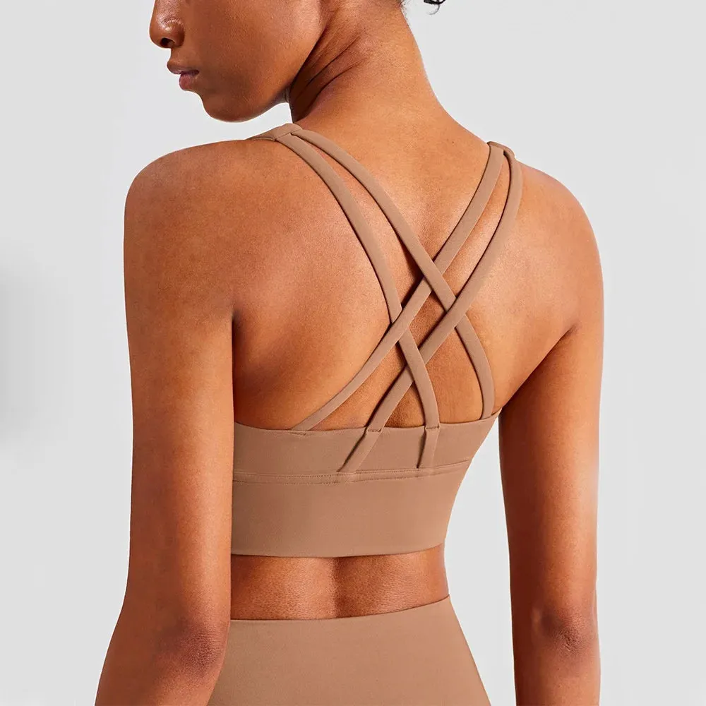 Solid Color Women's Fitness Sports Bra - Gym Yoga Triangle Backless Athletic Cutout Cross Tight Workout Top with Chest Pad