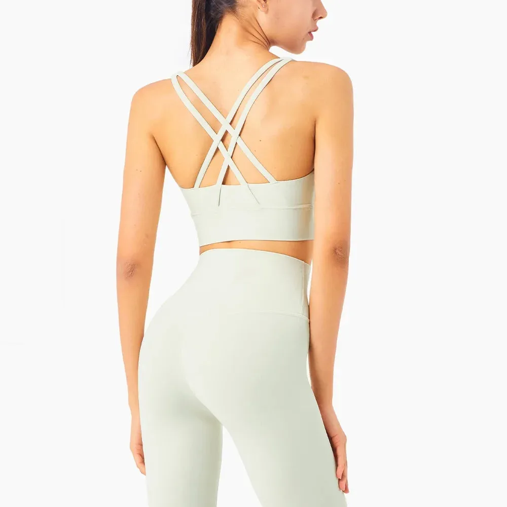 Solid Color Women's Fitness Sports Bra - Gym Yoga Triangle Backless Athletic Cutout Cross Tight Workout Top with Chest Pad