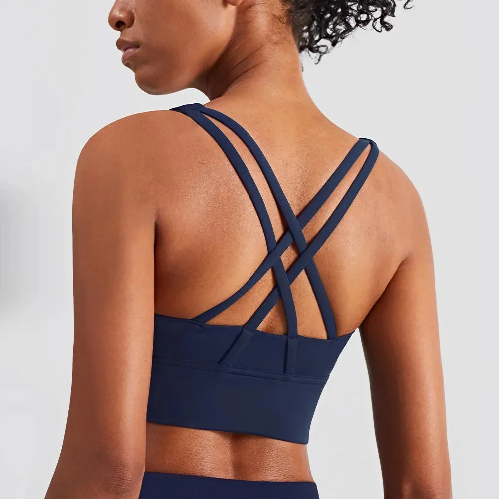 Solid Color Women's Fitness Sports Bra - Gym Yoga Triangle Backless Athletic Cutout Cross Tight Workout Top with Chest Pad