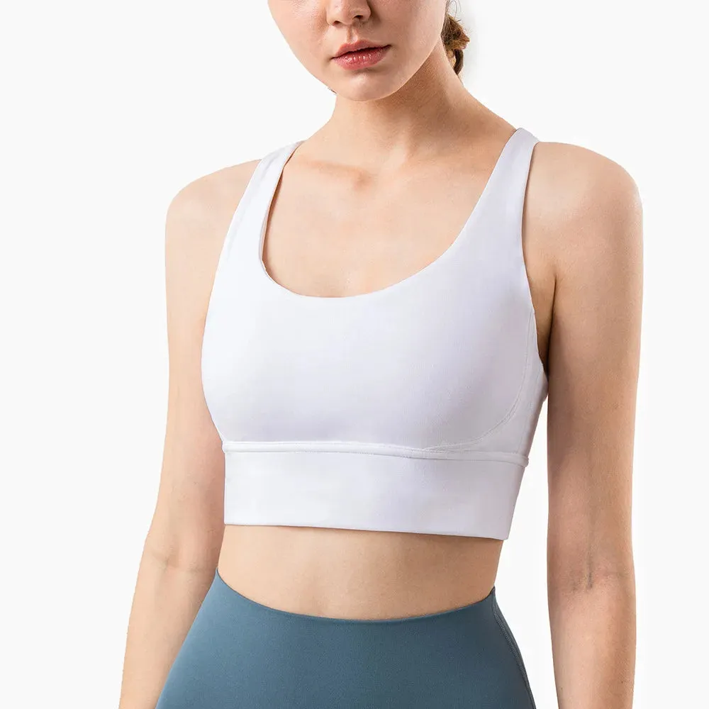 Solid Color Women's Fitness Sports Bra - Gym Yoga Triangle Backless Athletic Cutout Cross Tight Workout Top with Chest Pad