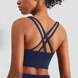 Solid Color Women's Fitness Sports Bra - Gym Yoga Triangle Backless Athletic Cutout Cross Tight Workout Top with Chest Pad