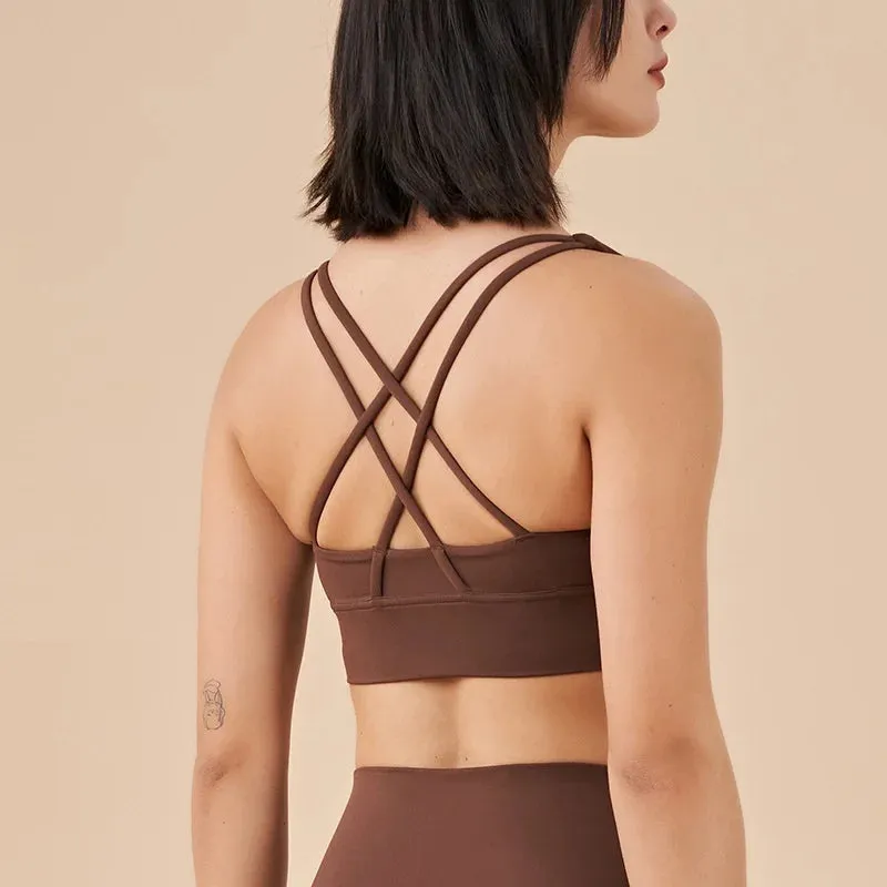 Solid Color Women's Fitness Sports Bra - Gym Yoga Triangle Backless Athletic Cutout Cross Tight Workout Top with Chest Pad
