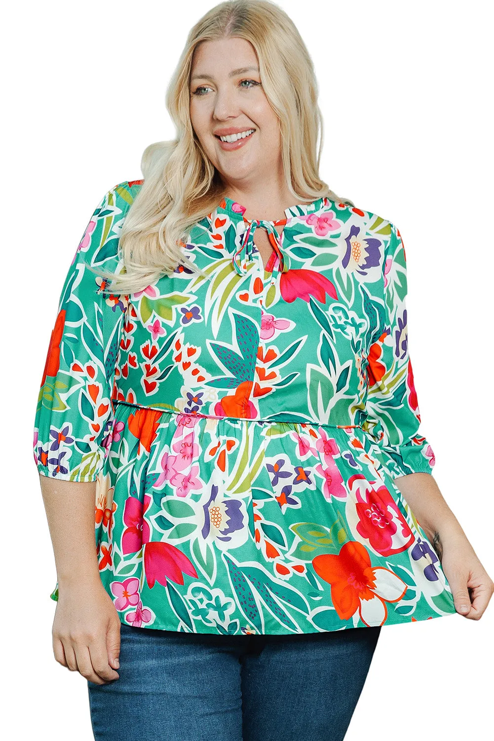 Split Neck Plus Size Peplum Blouse