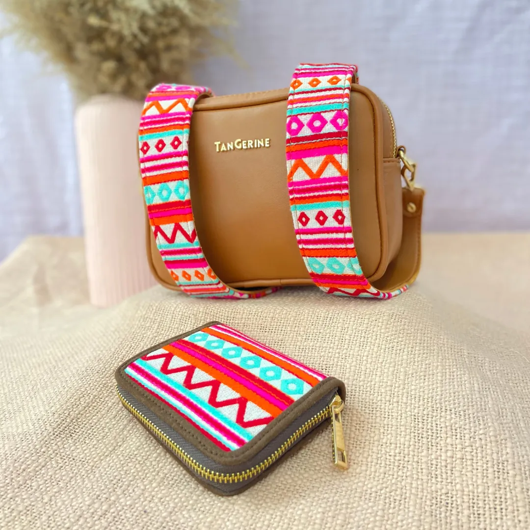 Tan Dual Compartment Bag with Boho Belt   Mini Wallet Combo