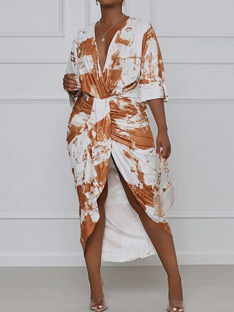 Tie Dye Split Joint Fold Asymmetrical Dresses