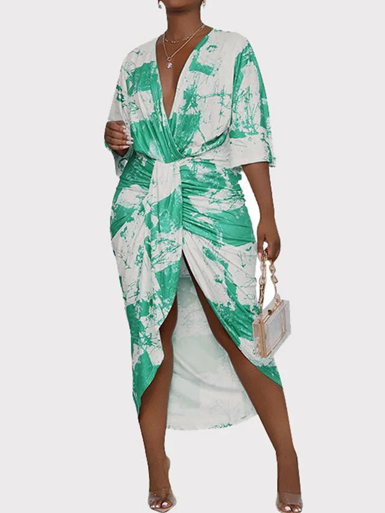 Tie Dye Split Joint Fold Asymmetrical Dresses