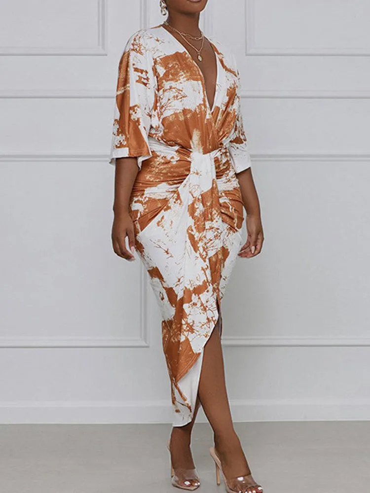 Tie Dye Split Joint Fold Asymmetrical Dresses