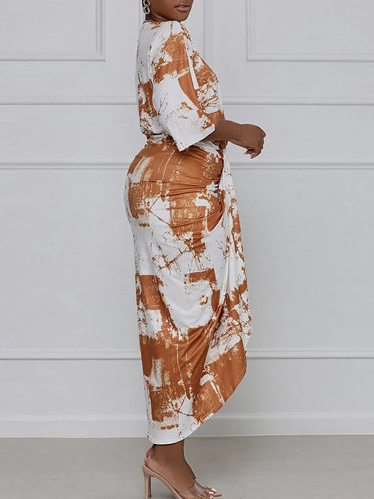 Tie Dye Split Joint Fold Asymmetrical Dresses