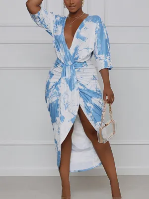 Tie Dye Split Joint Fold Asymmetrical Dresses