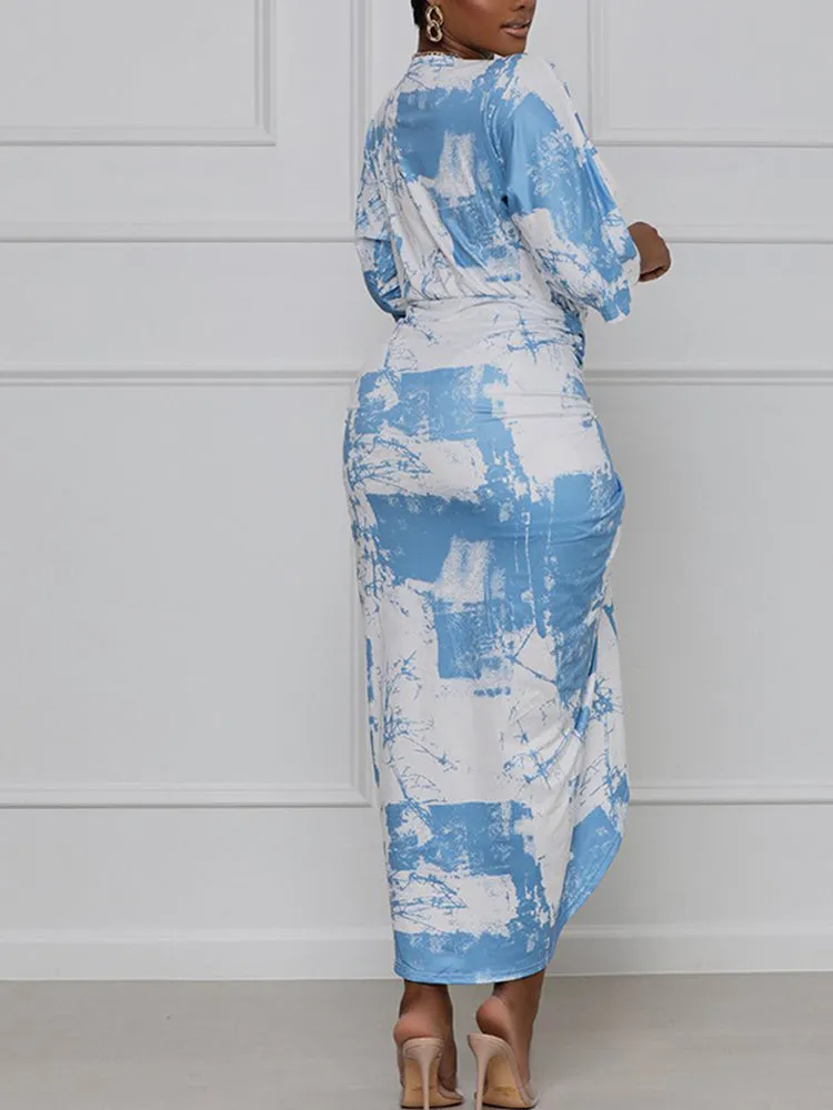 Tie Dye Split Joint Fold Asymmetrical Dresses