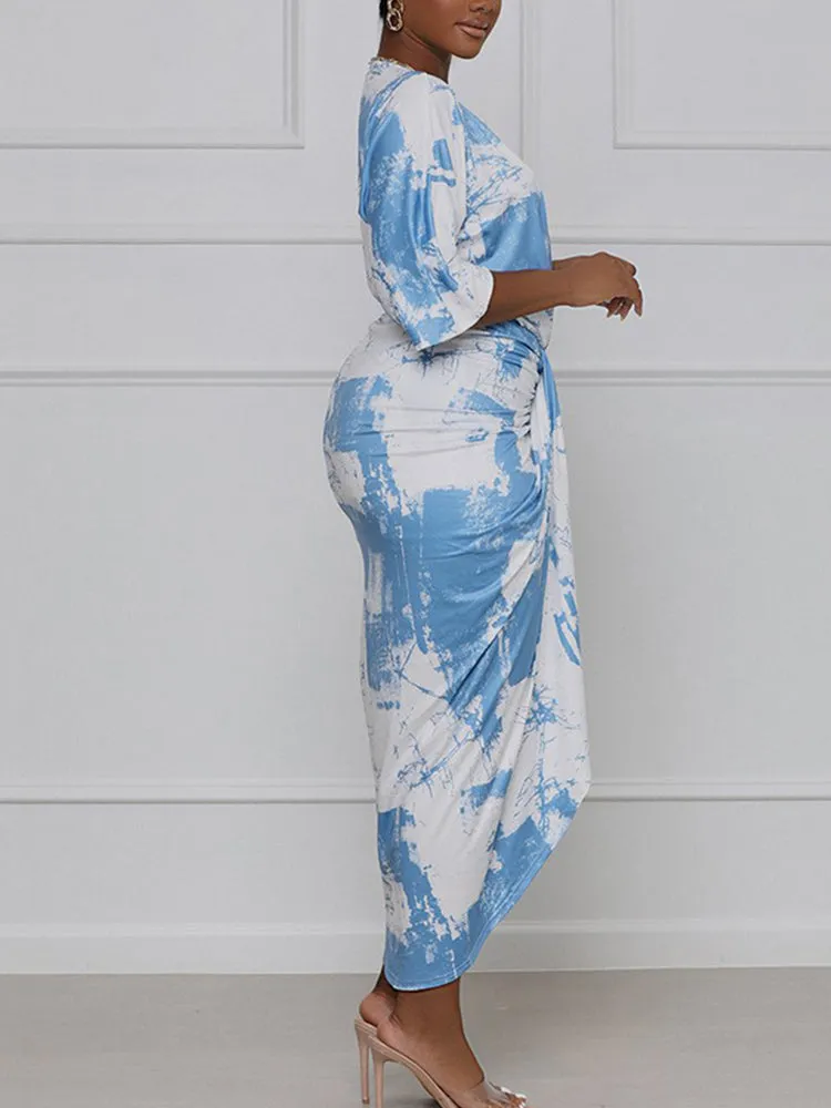 Tie Dye Split Joint Fold Asymmetrical Dresses