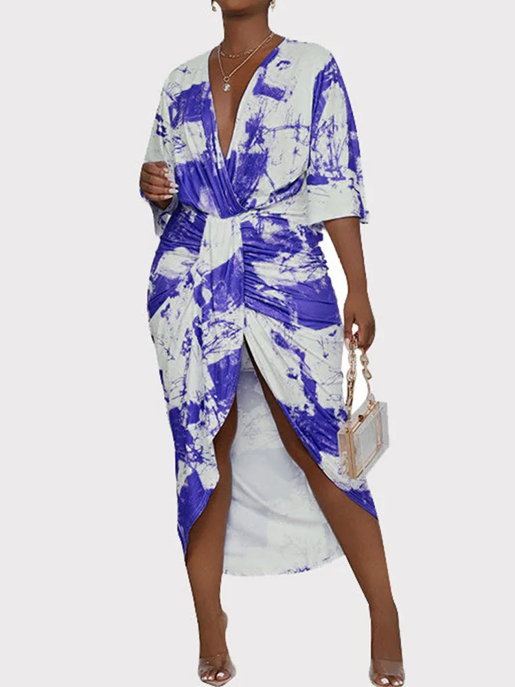 Tie Dye Split Joint Fold Asymmetrical Dresses