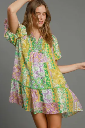 Umgee Full Size Green & Yellow Smocked Floral Puff Sleeve Mini Dress