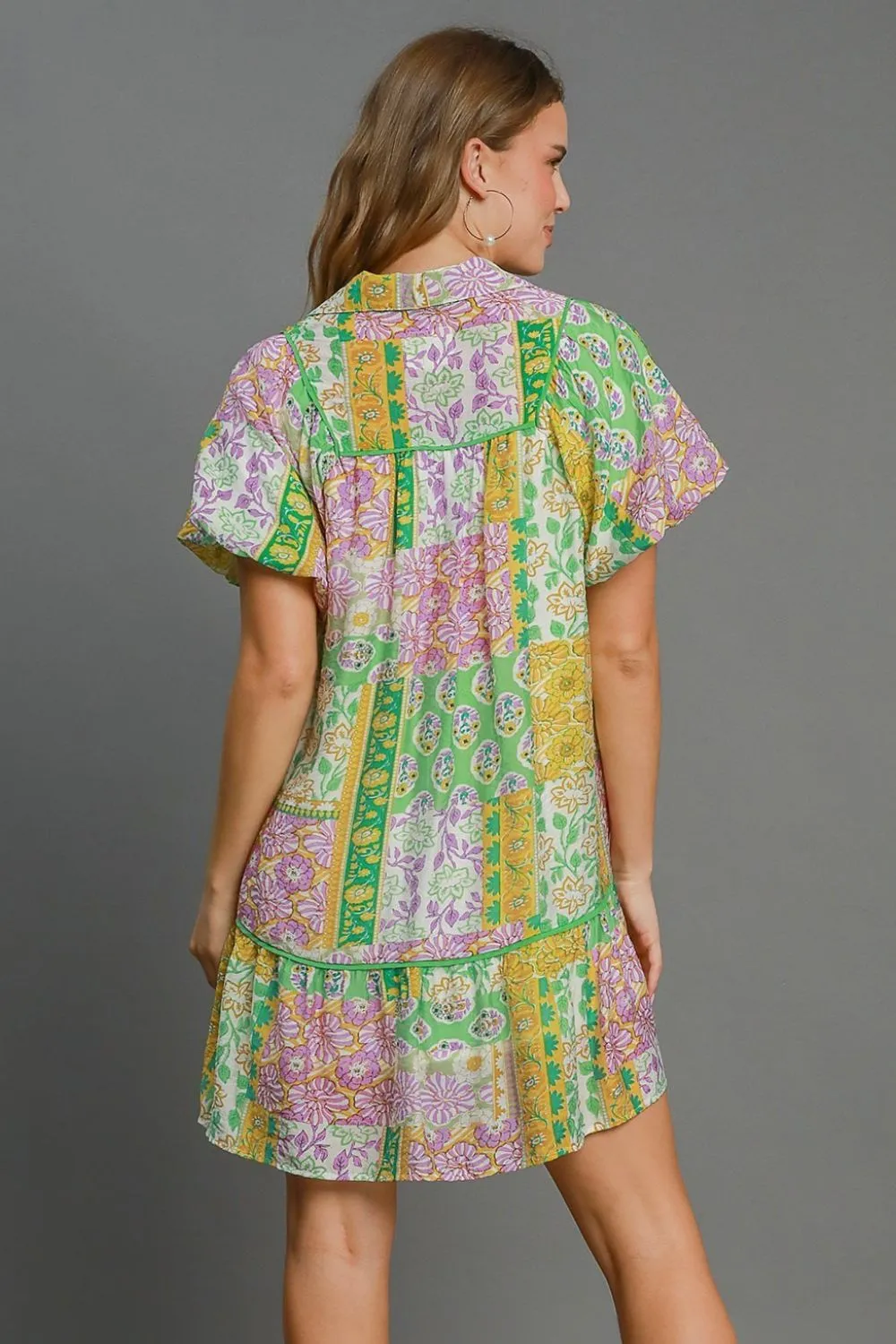 Umgee Full Size Green & Yellow Smocked Floral Puff Sleeve Mini Dress