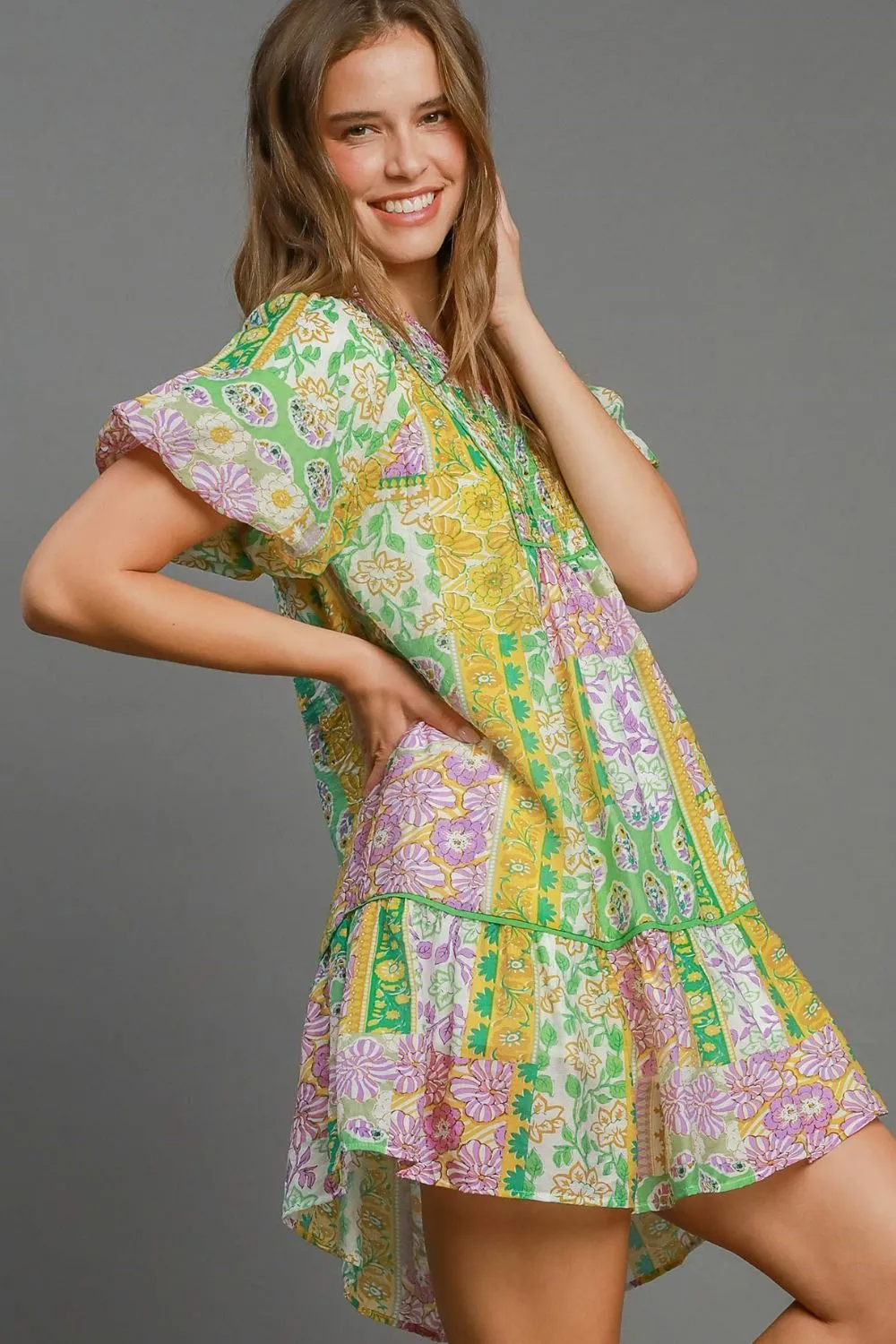 Umgee Full Size Green & Yellow Smocked Floral Puff Sleeve Mini Dress