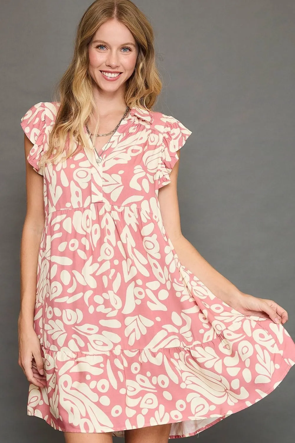 Umgee Full Size Two Tone Printed Ruffled Cap Sleeve Mini Dress