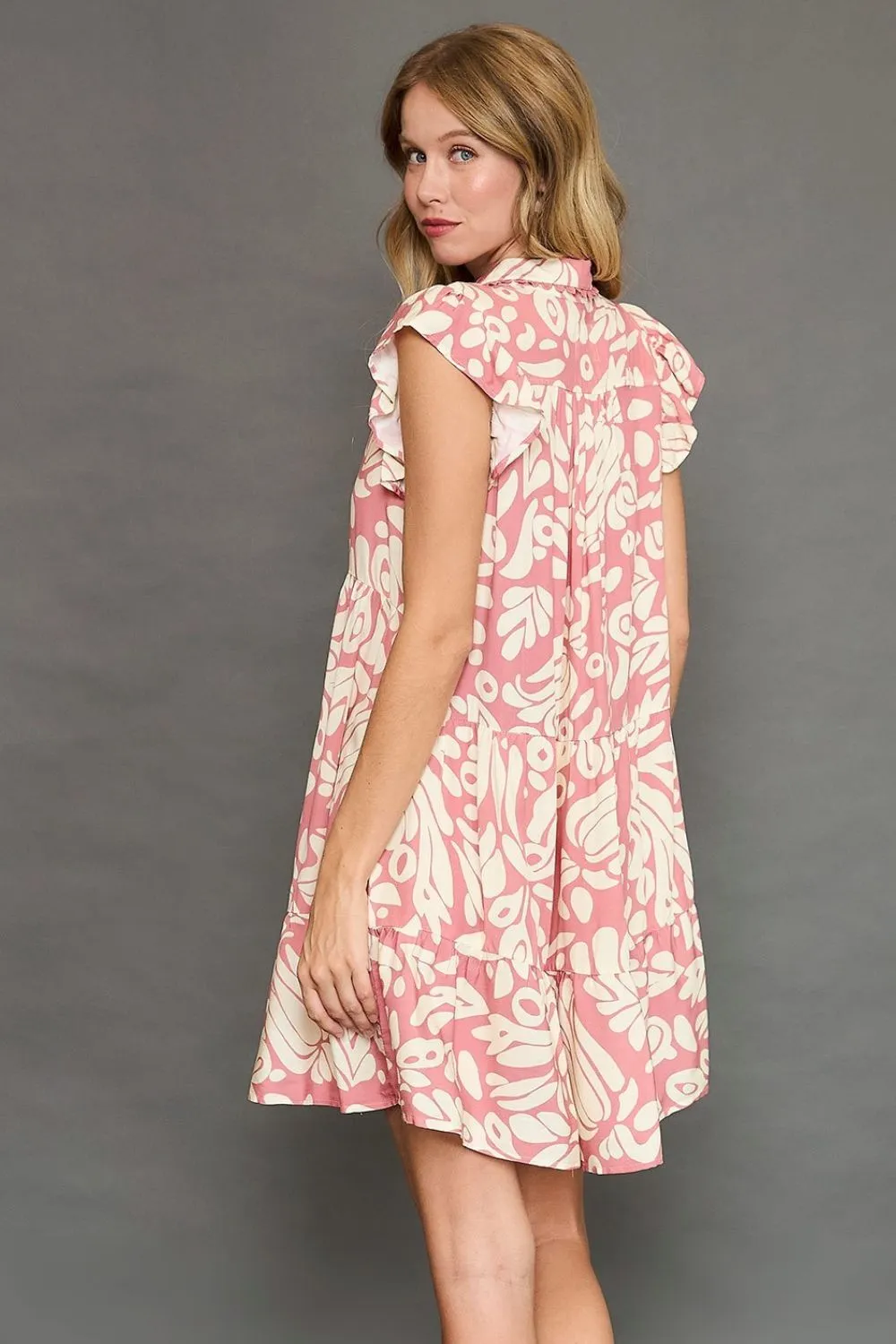 Umgee Full Size Two Tone Printed Ruffled Cap Sleeve Mini Dress