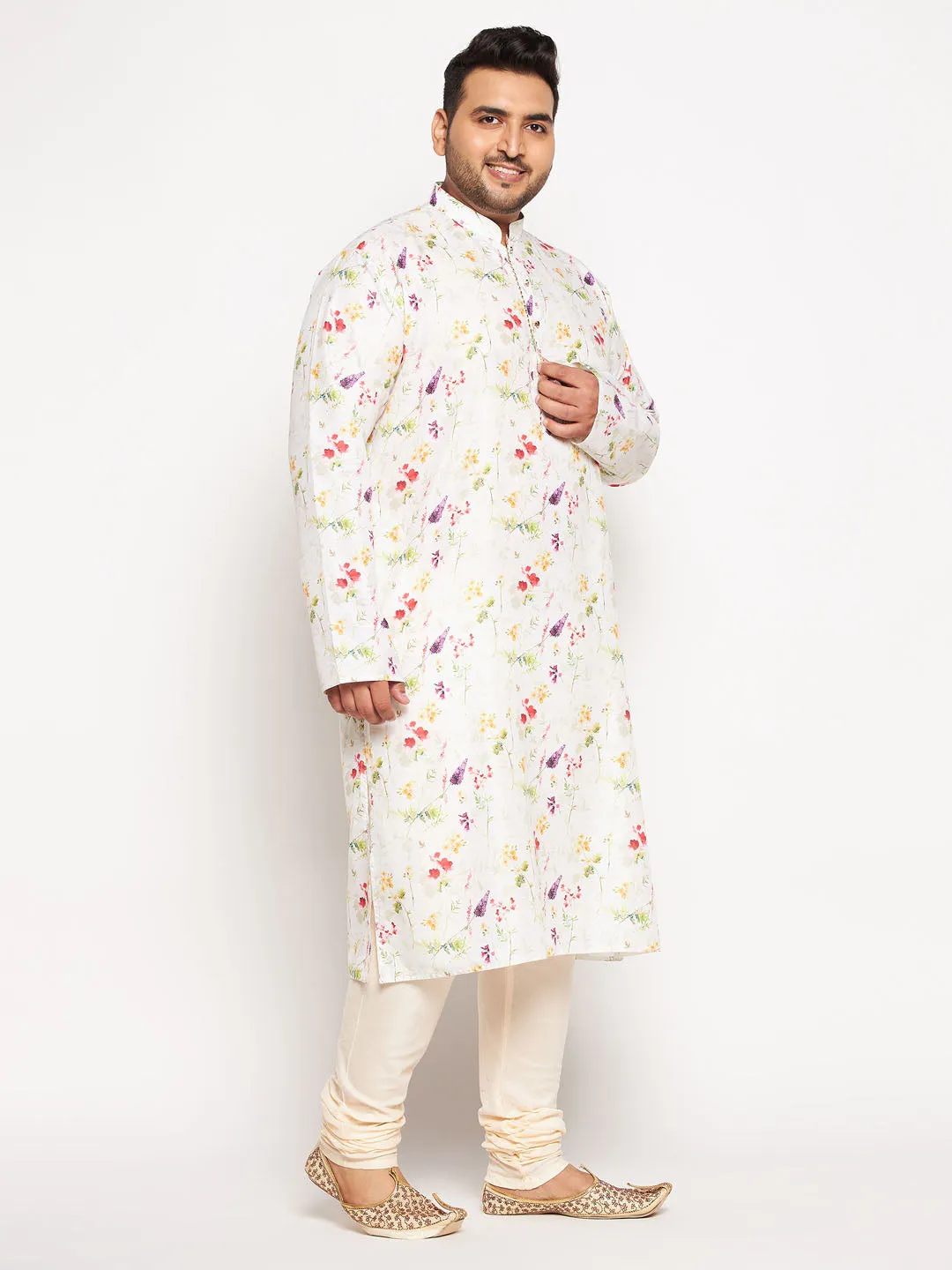 VASTRAMAY Men's Plus Size Cream Cotton Blend Printed Kurta and Solid Pyjama Set