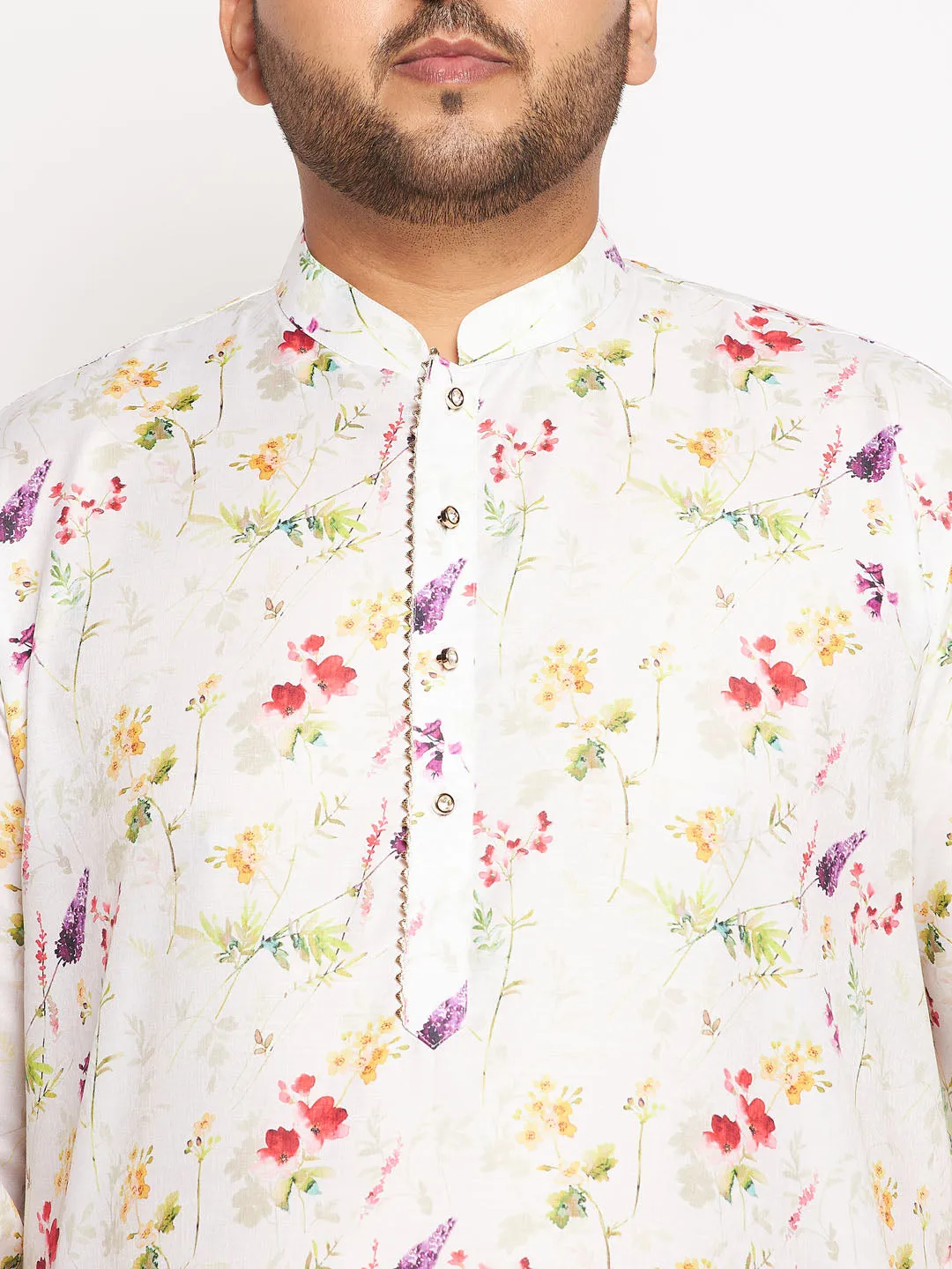 VASTRAMAY Men's Plus Size Cream Cotton Blend Printed Kurta and Solid Pyjama Set