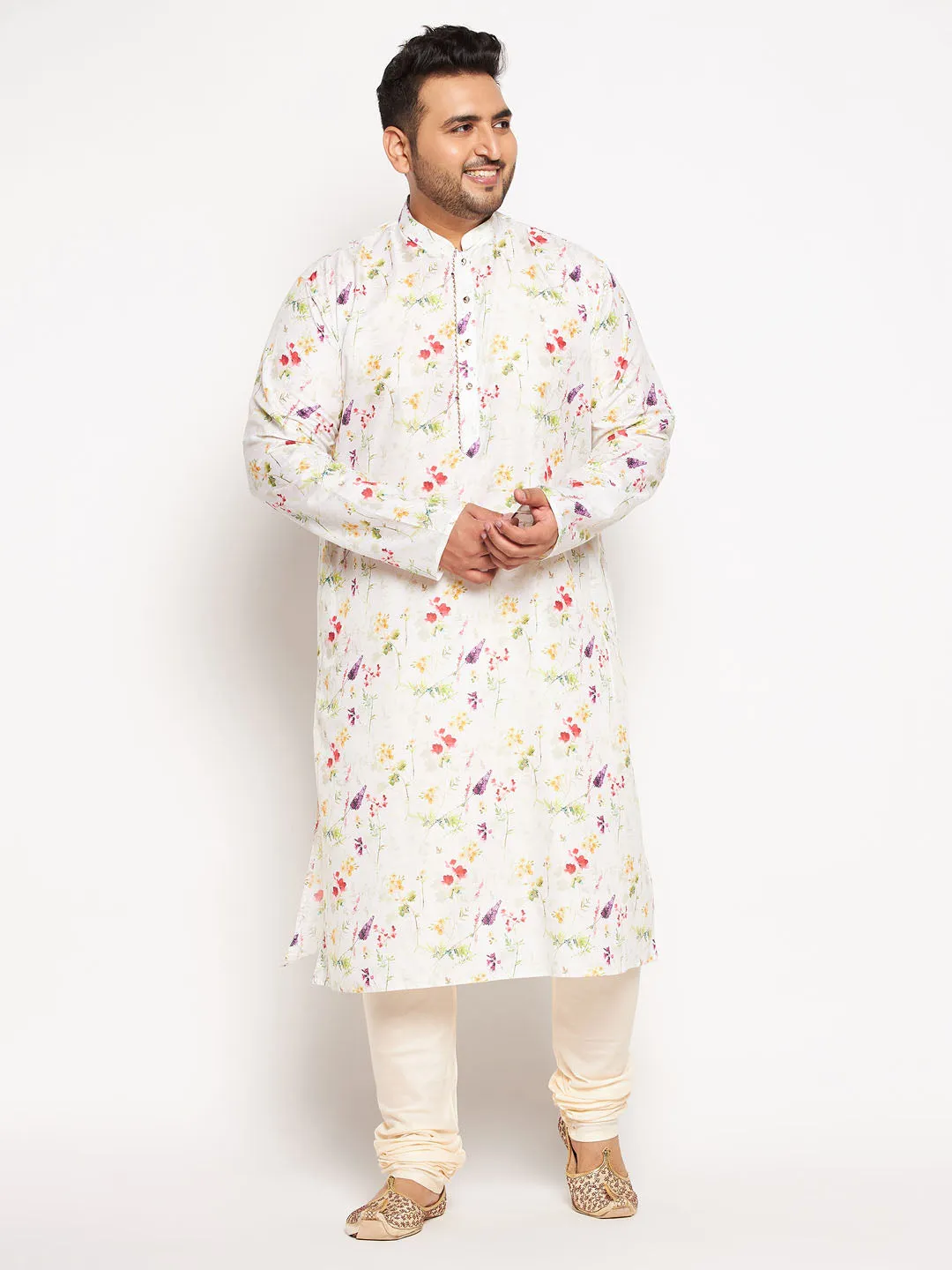 VASTRAMAY Men's Plus Size Cream Cotton Blend Printed Kurta and Solid Pyjama Set