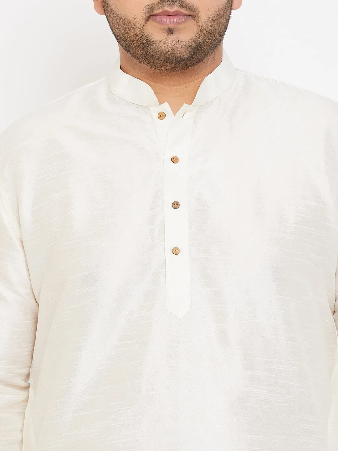 VASTRAMAY Men's Plus Size Cream Silk Blend Curved Kurta Dhoti Set