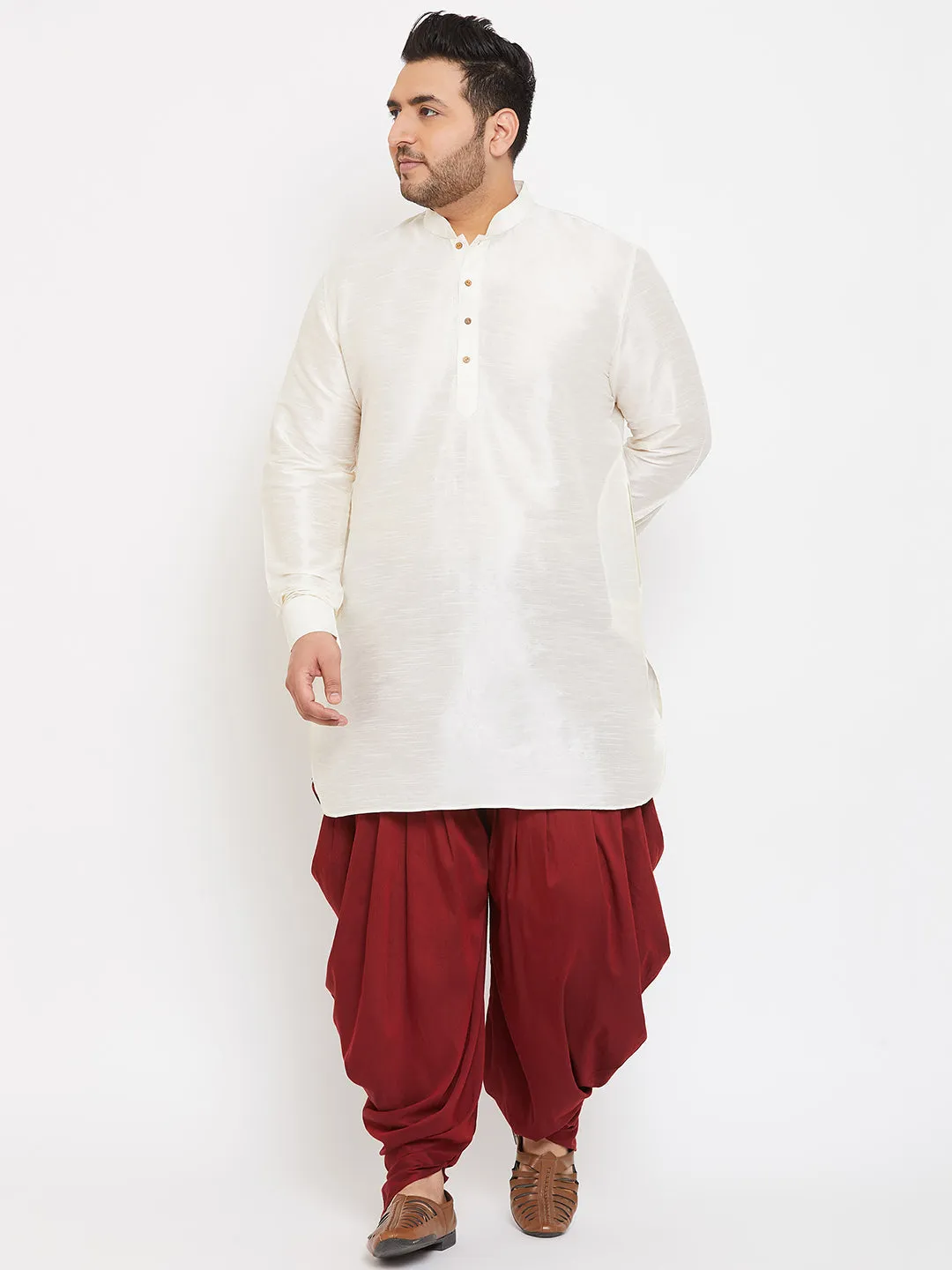 VASTRAMAY Men's Plus Size Cream Silk Blend Curved Kurta Dhoti Set