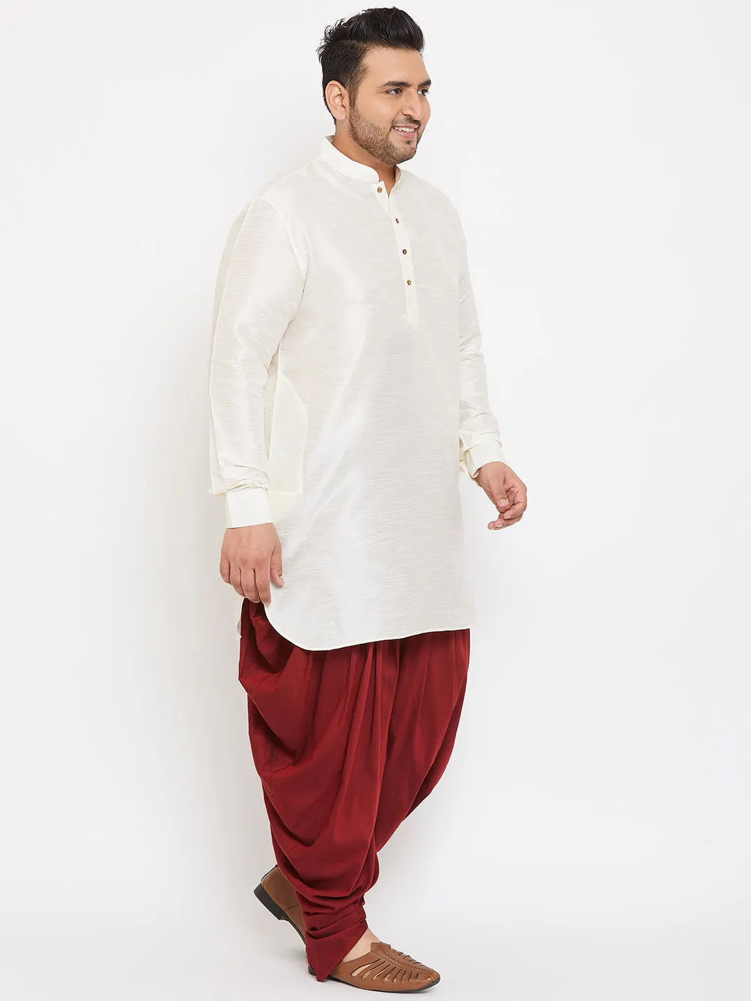 VASTRAMAY Men's Plus Size Cream Silk Blend Curved Kurta Dhoti Set