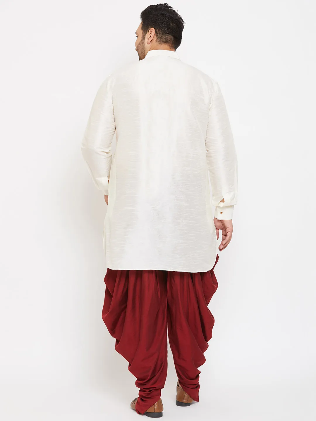 VASTRAMAY Men's Plus Size Cream Silk Blend Curved Kurta Dhoti Set