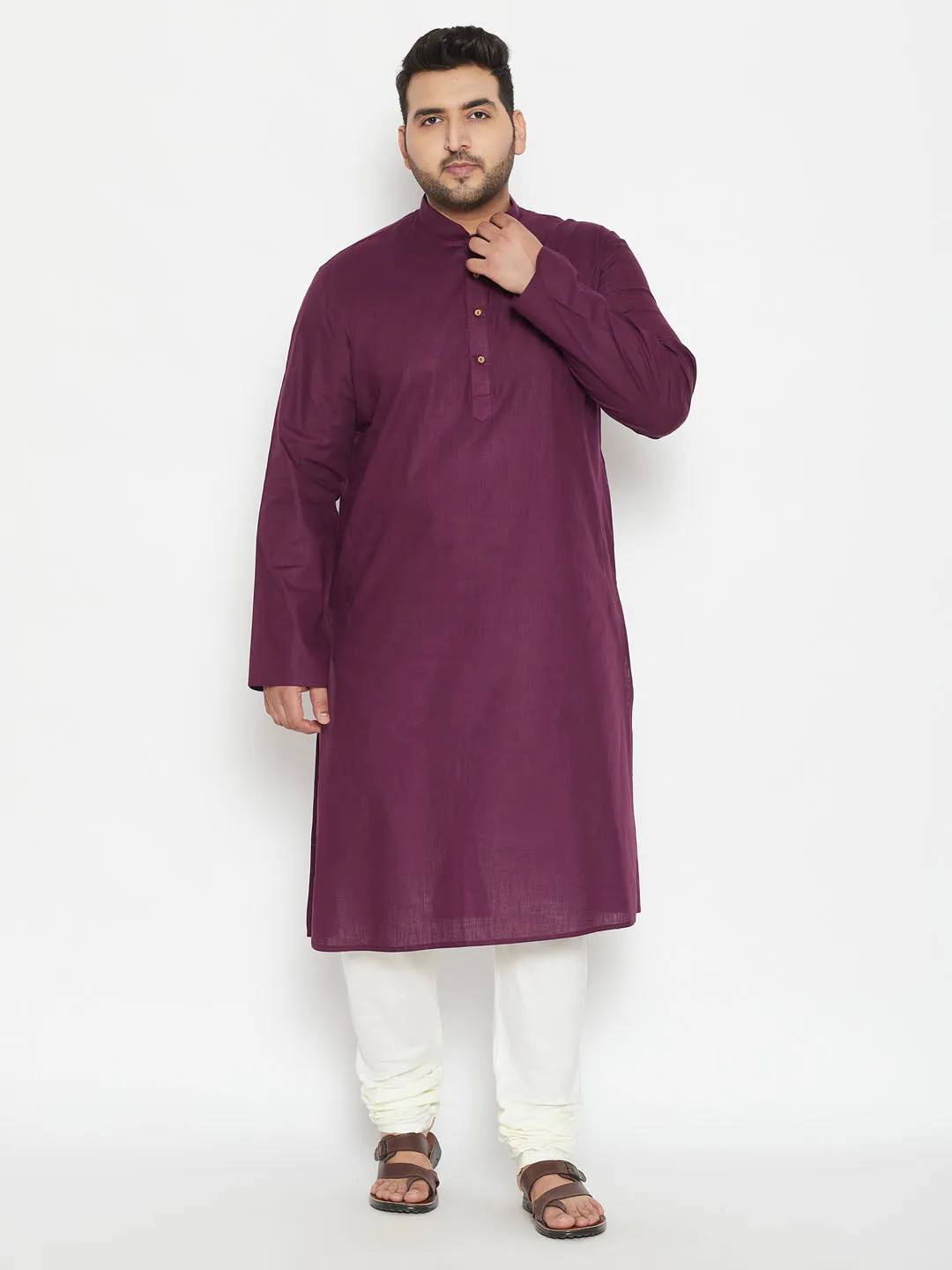 VASTRAMAY Men's Plus Size Purple And Cream Cotton Blend Kurta Pyjama Set
