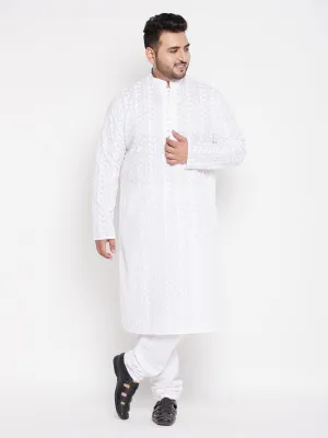 VASTRAMAY Men's Plus Size White Chikankari Embroidered Kurta And White Pyjama Set