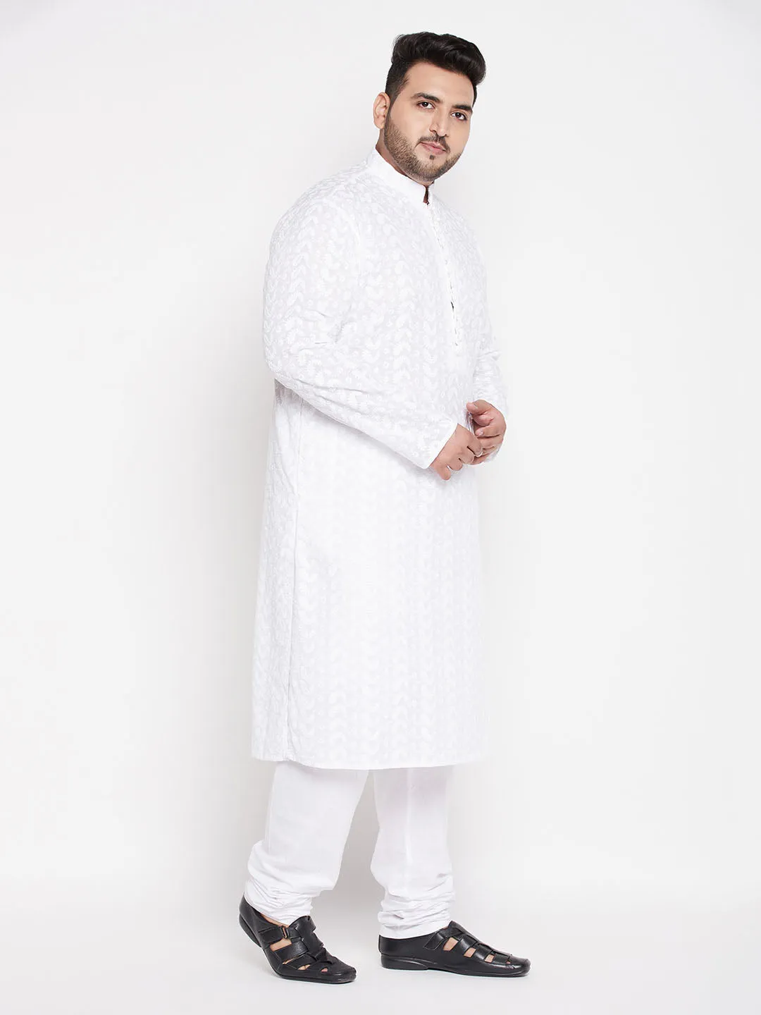VASTRAMAY Men's Plus Size White Chikankari Embroidered Kurta And White Pyjama Set