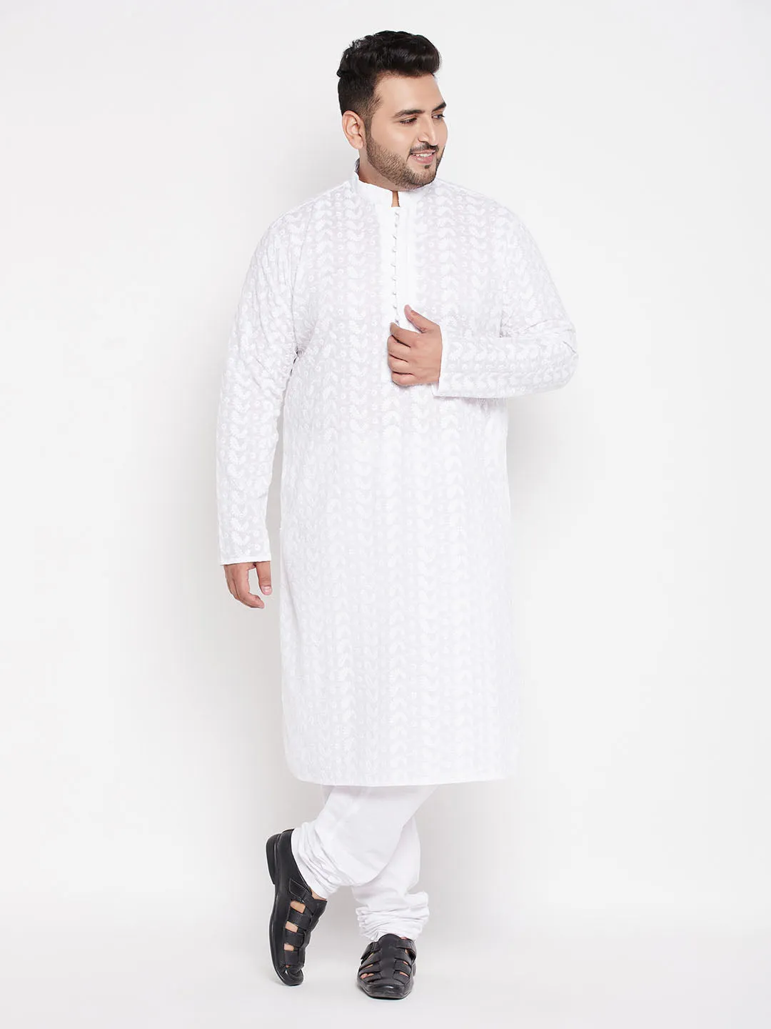 VASTRAMAY Men's Plus Size White Chikankari Embroidered Kurta And White Pyjama Set
