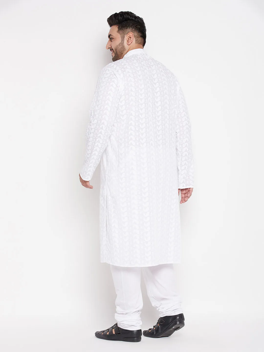 VASTRAMAY Men's Plus Size White Chikankari Embroidered Kurta And White Pyjama Set