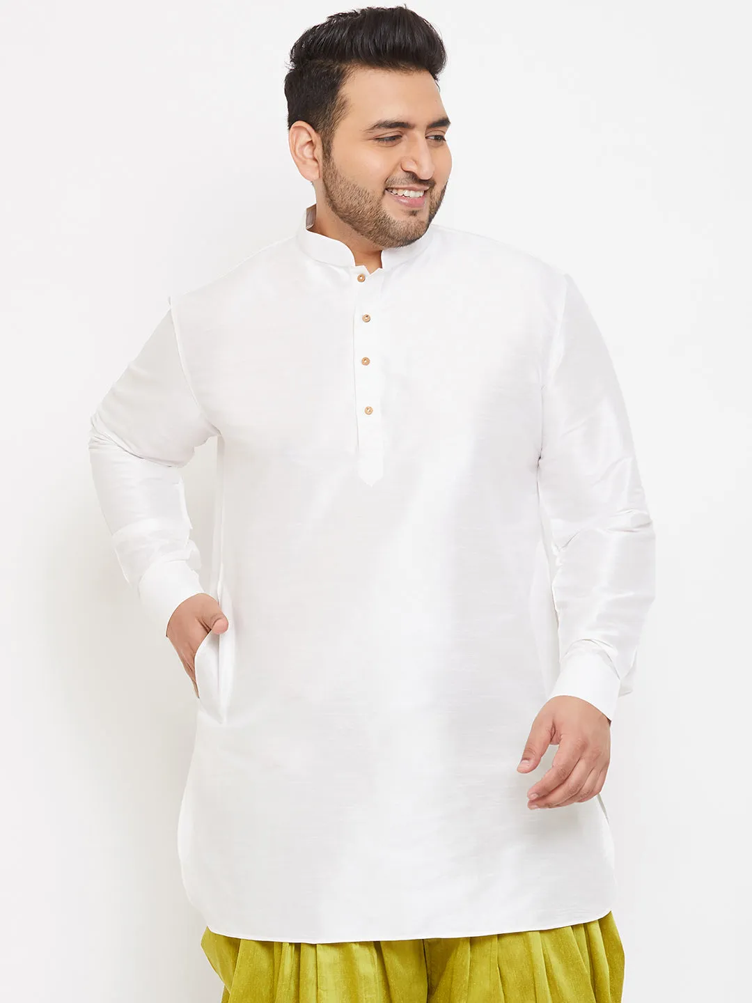 VASTRAMAY Men's Plus Size White Silk Blend Curved Kurta