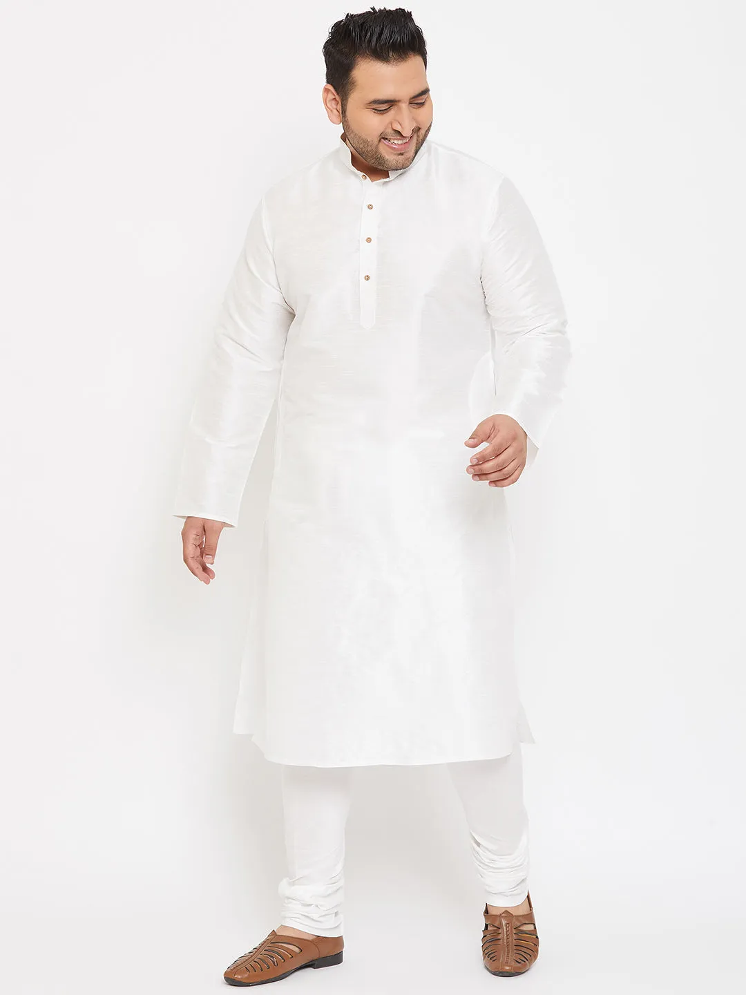 VASTRAMAY Men's Plus Size White Silk Blend Kurta