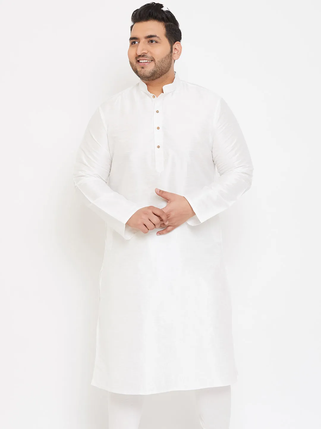 VASTRAMAY Men's Plus Size White Silk Blend Kurta