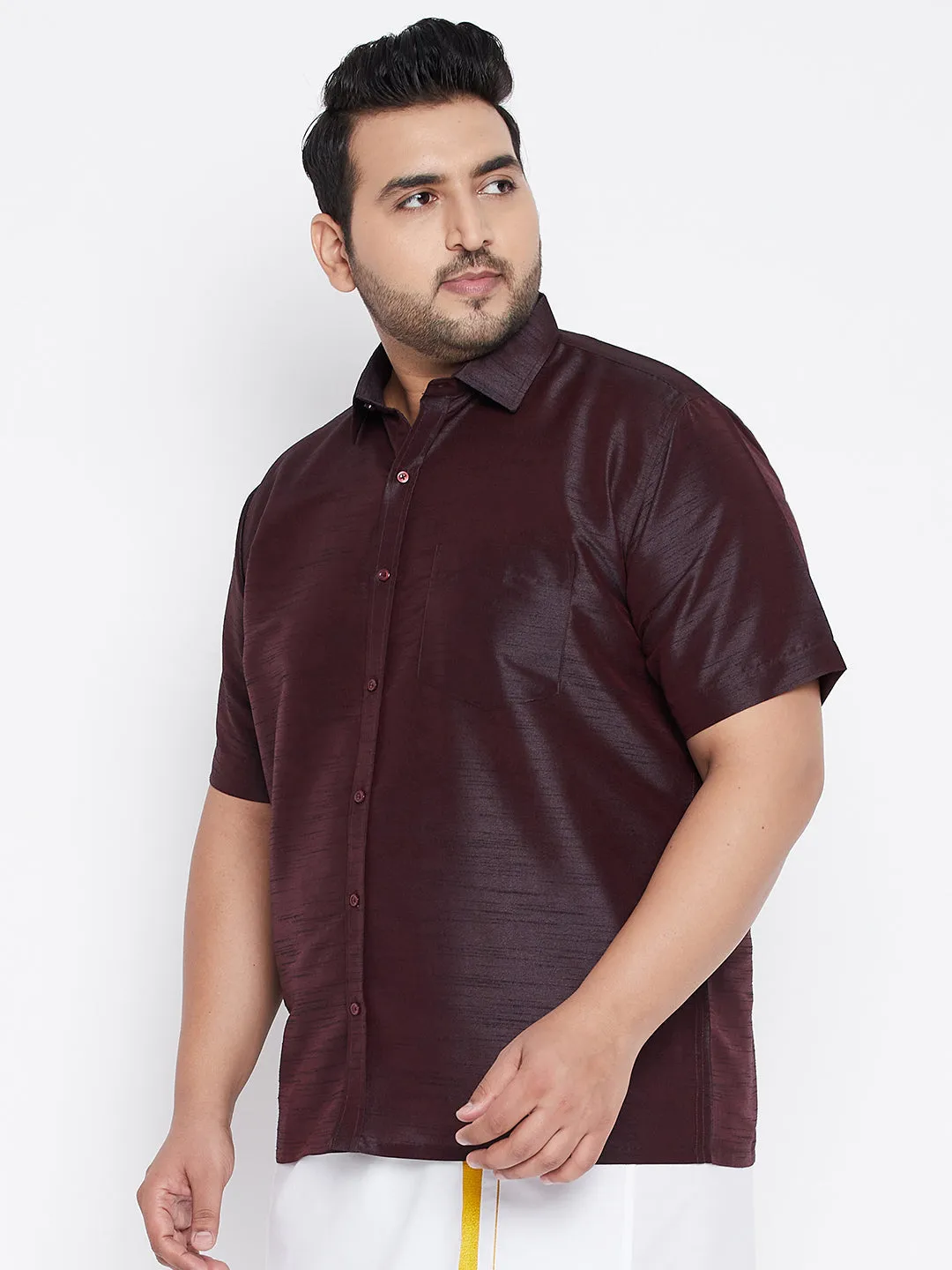 VASTRAMAY Men's Plus Size Wine Silk Blend Ethnic Shirt
