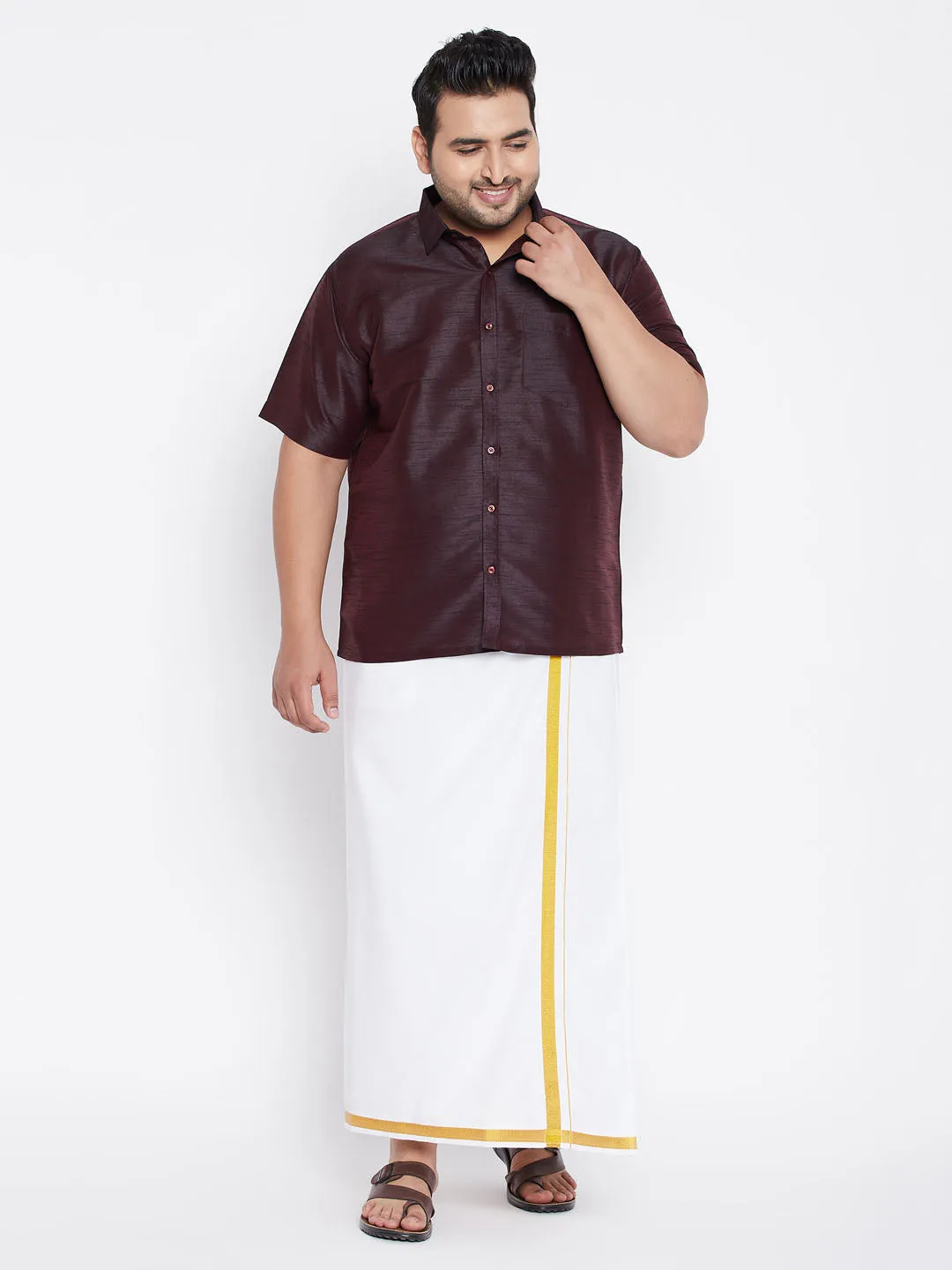 VASTRAMAY Men's Plus Size Wine Silk Blend Ethnic Shirt